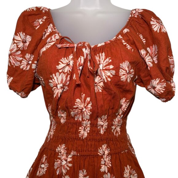 Madewell Sophia Smocked Linen Midi Dress Floral Rust Brown XXS Cottagecore - Picture 2 of 6